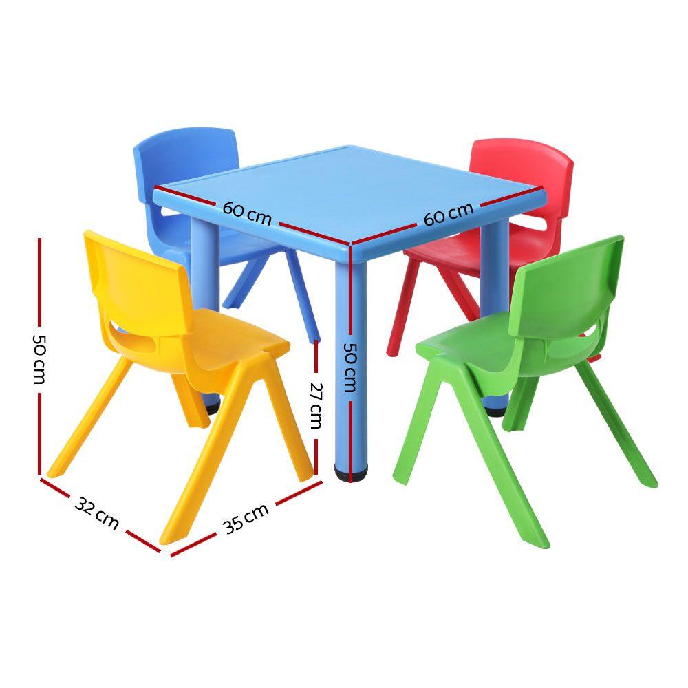 Keezi 5 Piece Kids Table and Chair Set in Blue with colorful chairs, designed for durability and safety for children.